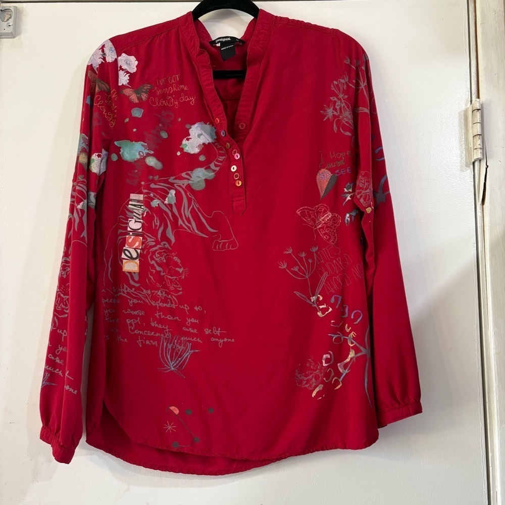 Desigual Words Long Sleeve Blouse Pop Over Top M Tiger Printed Artsy Edgy Art M - Picture 1 of 10